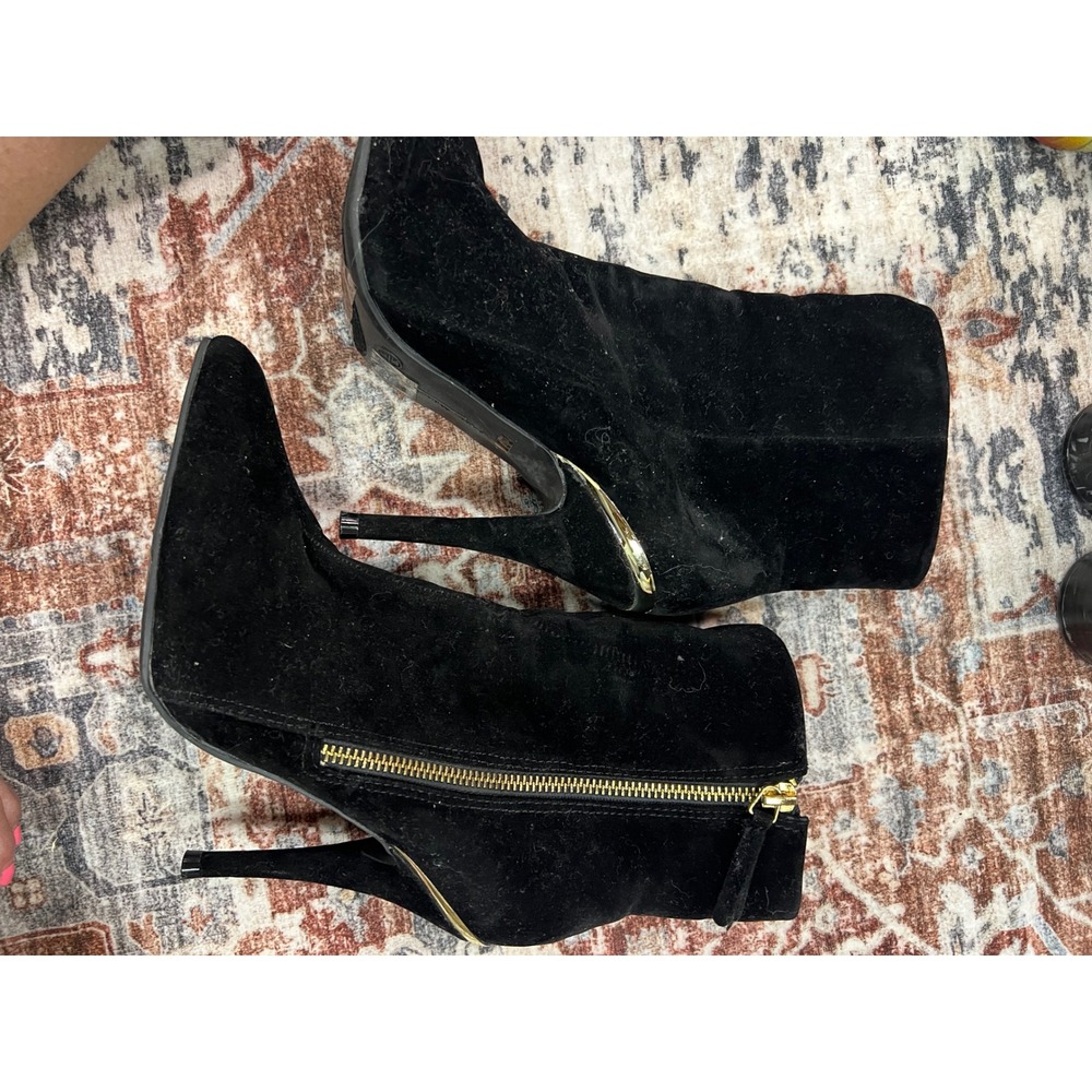 Black Suede Ankle Boots‎ with Gold Zipper Detail Size 6.5 Stiletto Heels - Picture 2 of 4